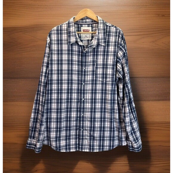 Levis‎ Western Shirt Pearl Snap Long Sleeve Plaid Blue Mens XXL 100% Cotton - Picture 1 of 11